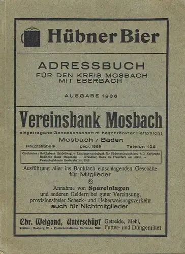 Verzeichnis der selbständigen Einwohner des Kreises Mosbach und Stadt Eberbach
 mit Behörden-Verzeichnis und Verzeichnis von Industrie, Handel und Gewerbe der bedeutendsten Plätze. 