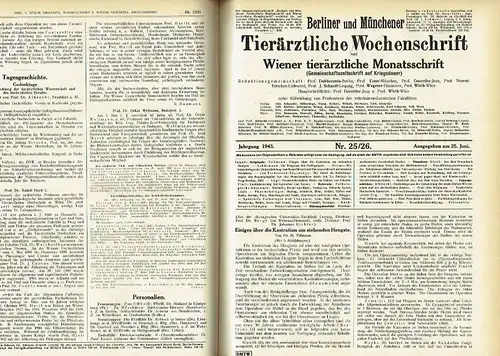 Berliner und Münchener Tierärztliche Wochenschrift
 und Wiener tierärztliche Monatsschrift (Gemeinschaftszeitschrift auf Kriegsdauer)
 Jahrgang 1943. 