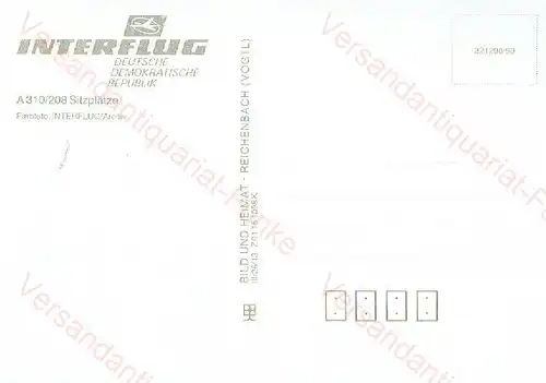 Interflug 4 Postkarten Flugzeug und Flughafen
 Ansichtskarte / Postkarte - Verlagsnummer: Z 01 15 0706 K (0705, 0976 und 1098) Karten des A 310, der IL 62, der L 410 und des Flughafens Berlin-Schönefeld. 