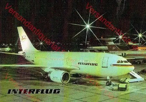 Interflug 4 Postkarten Flugzeug Tupolew TU 134 Airbus A 310
 Ansichtskarte / Postkarte - Verlagsnummer: Z 01 15 0680 K (0975, 1040 und 1042) 3 Karten des Airbus A 310 / 208 Sitzplätze und 1 Karte TU-134. 