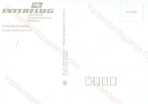 Interflug 4 Postkarten Flugzeug Tupolew TU 134 Airbus A 310
 Ansichtskarte / Postkarte - Verlagsnummer: Z 01 15 0680 K (0975, 1040 und 1042) 3 Karten des Airbus A 310 / 208 Sitzplätze und 1 Karte TU-134. 