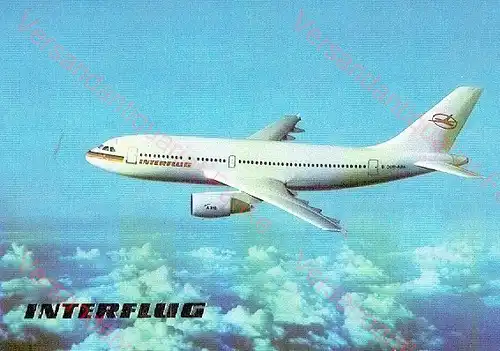 Interflug 4 Postkarten Flugzeug Tupolew TU 134 Airbus A 310
 Ansichtskarte / Postkarte - Verlagsnummer: Z 01 15 0680 K (0975, 1040 und 1042) 3 Karten des Airbus A 310 / 208 Sitzplätze und 1 Karte TU-134. 