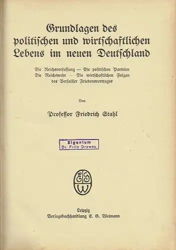 Prof. Friedrich Stahl: Die Reichsverfassung ‒ Die politischen Parteien ‒ Die Reichswehr ‒ Die wirtschaftlichen Folgen des Versailler Friedensvertrages
 Grundlagen des politischen und wirtschaftlichen Lebens im neuen Deutschland. 