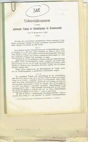 Konvolut von 5 Teilen
 Übereinkommen betreffend gemeinsame Tragung der Entschädigungen für Eisenbahnunfälle. 