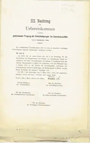 Konvolut von 5 Teilen
 Übereinkommen betreffend gemeinsame Tragung der Entschädigungen für Eisenbahnunfälle. 