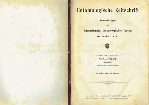 Entomologische Zeitschrift
 Zentral-Organ des Internationalen Entomologischen Vereins zu Frankfurt a. Main
 XXIV. Jahrgang. 