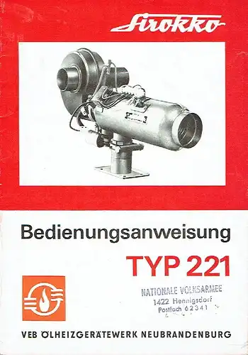 Bedienungsanleitung für Sirokko Heizung Typ 221. 