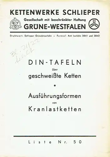 DIN-Tafeln geschweißte Ketten - Ausführungsformen von Kranlastketten. 