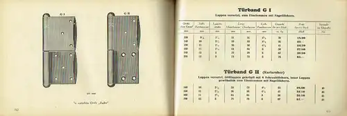 Vereins-Preisliste über Schrank-, Fenster-, Tür- und Torbänder, Einlassecken. 