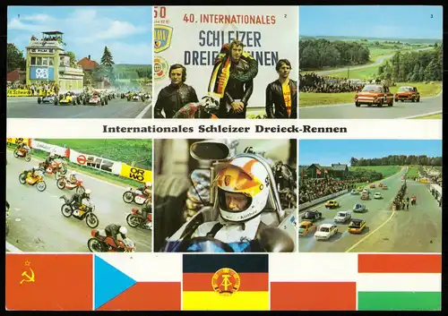 Internationales Schleizer Dreieck-Rennen
 Ansichtskarte / Postkarte / Maxipostkarte in der Größe ca. 21 x 15 cm, Motiv aus Thüringen, Verlagsnummer D 242/73, unbenutzt. 
