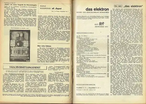 Das Elektron
 Elektro- und Radiotechnische Monatshefte
 1. und 2. Nachkriegsjahrgang komplett (14 Hefte). 