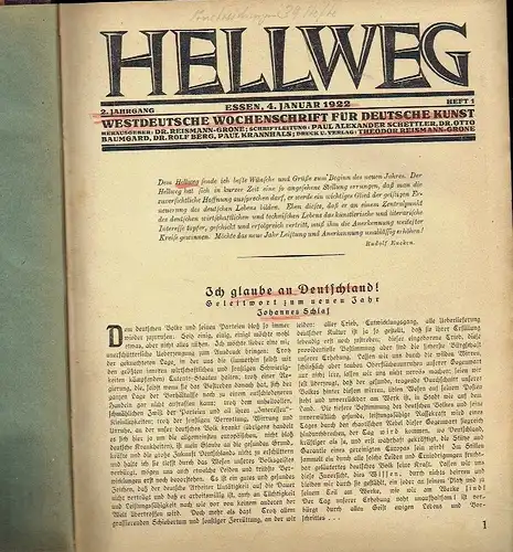 Hellweg
 Westdeutsche Wochenschrift für deutsche Kunst
 2. Jahrgang, Heft 1 bis 39 (Jan.-Okt.). 