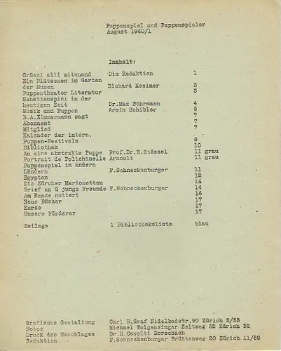 F. Schneckenburger
 Carl B. Graf: Puppenspiel und Puppenspieler
 Mitteilungen der Vereinigung schweizerischer Puppenbühnen, Heft 1, (August). 