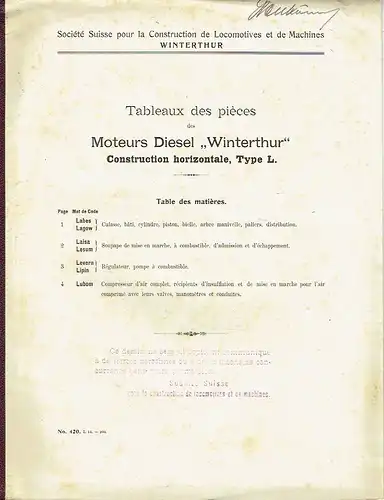 Tableaux des pièces des Moteurs Diesel "Winterthur"
 Construction horizontale, Type L
 No. 420. I. 14. - 200. 