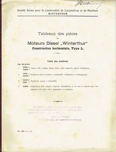 Tableaux des pièces des Moteurs Diesel "Winterthur"
 Construction horizontale, Type L.