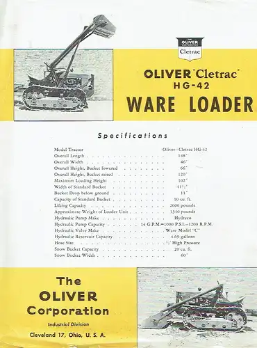 Prospekt für diesen Traktor
 Oliver "Cletrac" HG-42 Ware Loader. 