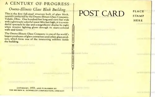Owens-Illinois Glass Block Building / A Century of Progress Chicago 1933
 Ansichtskarte / Postkarte, Motiv aus den USA, unbenutzt. 