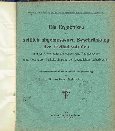 Gustav Beck: Die Ergebnisse der zeitlich abgemessenen Beschränkung der Freiheitsstrafen
 in ihrer Anwendung auf vorbestrafte Rechtsbrecher unter besonderer Berücksichtigung der jugendlichen Rechtsbrecher
 Erweiteter Separatabdruck aus...