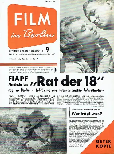 Film in Berlin
 Offizielle Festspielzeitung der X. Filmfestspiele Berlin 1960
 Heft 9, Sonnabend, den 2. Juli 1960. 