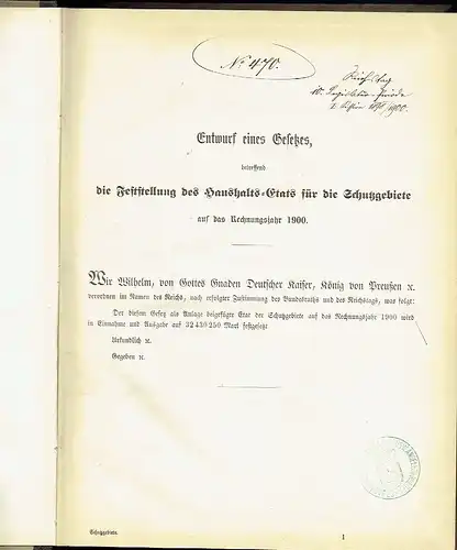 Haushalts-Etat für die Schutzgebiete auf das Rechnungsjahr 1900 nebst Anlagen. 