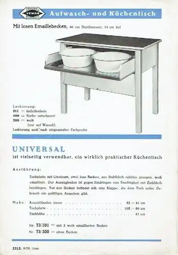 Eschebach Aufwasch- und Küchentisch Universal. 
