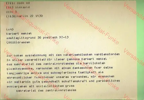 Glückwunsch-Telegramm der DDR
 Gratulation zum Vaterländischen Verdienstorden in Silber. 