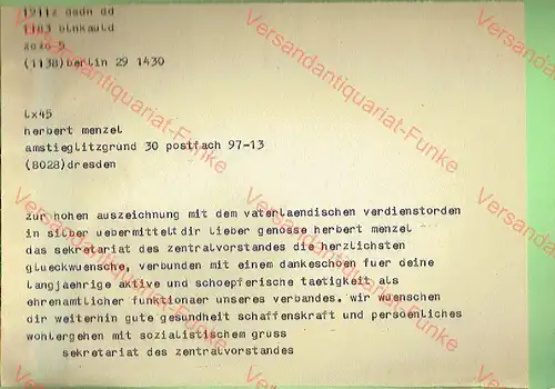 Gratulation zum Vaterländischen Verdienstorden in Silber
 Glückwunsch-Telegramm der DDR. 
