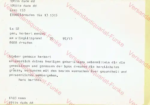Gratulation zum Geburtstag
 Glückwunsch-Telegramm der DDR. 