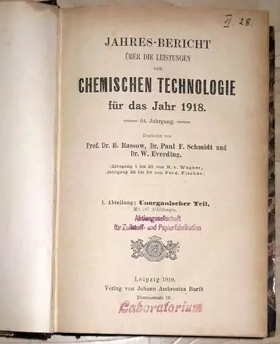 Jahres-Bericht über die Leistungen der chemischen Technologie für das Jahr 1918. 