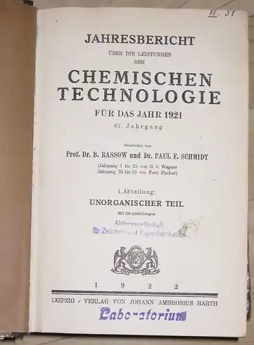 Jahres-Bericht über die Leistungen der chemischen Technologie für das Jahr 1918. 