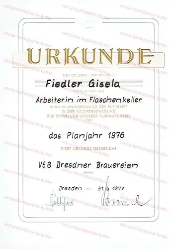 Urkunde als Anerkennung der Mitarbeit in der Neuererbewegung im Flaschenkeller.