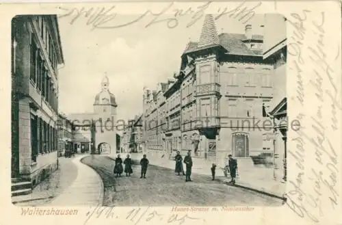 Waltershausen - Haupt-Straße m. Nicolausthor
 Ansichtskarte / Postkarte, Motiv aus Thüringen, Verlagsnummer Nr. 1. o4., benutzt 10.2.1905. 