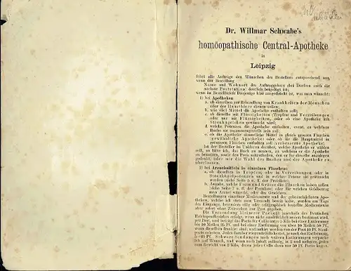 Preisverzeichnis des homöopathischen Etablissements von Dr. Willmar Schwabe, Leipzig. 