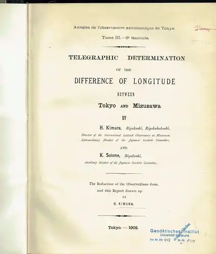 H. Kimura
 K. Sotome / H. Hirayama: Declinations and proper motions of 246 stars / Telegraphic Determination of the Difference of Longitude between Tokyo and Mizusawa
 Annales de l'observatoire astronomique des Tokyo, Tome IV, fascicule 1 / Tome III, fasc