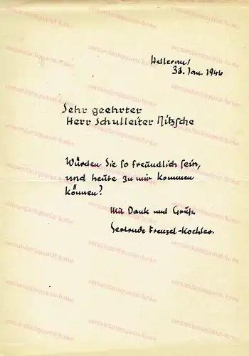 Original Autograph / Brief von Gertrude Frenzel-Koehler. 