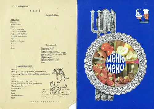 2 Menü-Speisekarten  des MS "Tadszikistan" vom August 1972.