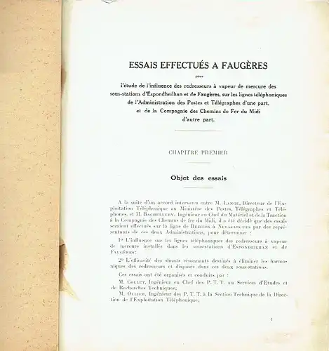 Dachary Gilles
 Ollier Collet: ESSAIS EFFECTUÉS A FAUGÈRES
 pourl'étude de l'influence des redresseurs à vapeur de mercure dessous stations d'Espondheilhan et de Faugères, sur les.. 