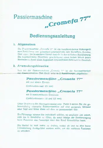 Bedienungsanleitung für Passiermaschine "Cromefa 77". 