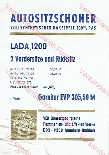 Anleitung für Autositzschoner für Lada 1200. 