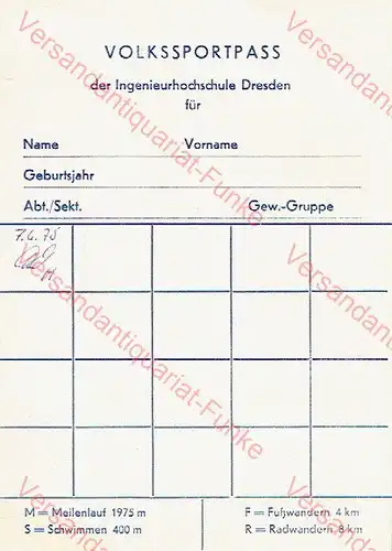 DTSB-Urkunde Freundschaftsmeile 1975 Meter / Volkssportpass der Ingenieurhochschule Dresden. 