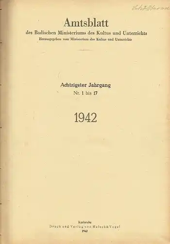 Amtsblatt des Badischen Ministeriums des Kultus und Unterrichts
 80. Jahrgang, Nr. 1 bis 17, komplett, gebunden. 