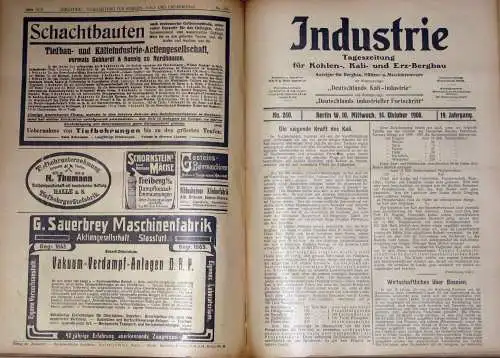 Industrie
 Fachzeitung Kohlen-, Kali- und Erz-Bergbau - Anzeiger für Bergbau, Hütten- und Maschinenwesen
 Jahrgang 1908, nur 2. Halbjahr, gebunden. 