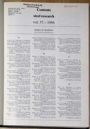 Steel Research
 Archiv für das Eisenhüttenwesen
 57. Jahrgang (12 Hefte, gebunden). 