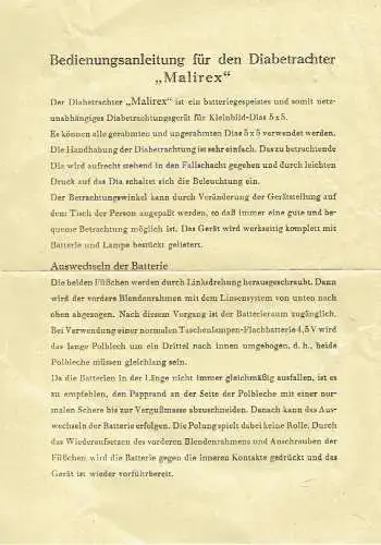 Bedienungsanleitung für den Diabetrachter "Malirex"
 Bedienungsanleitung.