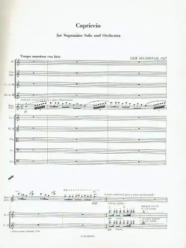 Leif Segerstam: Capriccio for Sopranino Solo and Orchestra Notenheft
 F. M. 06115-0. 