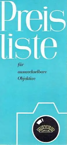 Preisliste für auswechselbare Objektive. 