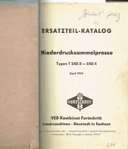 Ersatzteil-Katalog Niederdrucksammelpresse Typen T 242/2 - 242/4. 