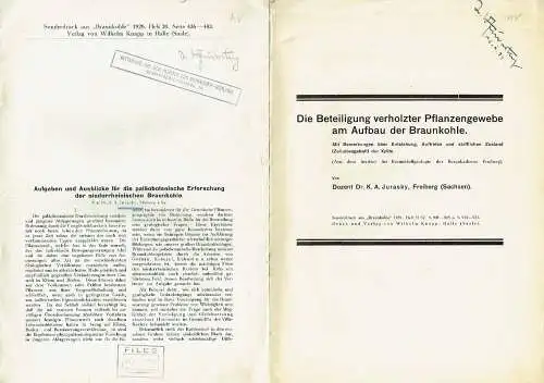 Karl Alfons Jurasky: 5 Zeitungsartikel zum Thema Braunkohle von K. A. Jurasky aus Freiberg
 in Braunkohle Zeitschrift 1930 Heft 21 + 4 einzelne Artikel aus der Zeitschrift.