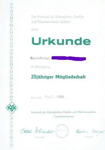 Urkunde 25 Jahre Mitglied im Verband der Kleingärtner, Siedler und Kleintierzüchter. 