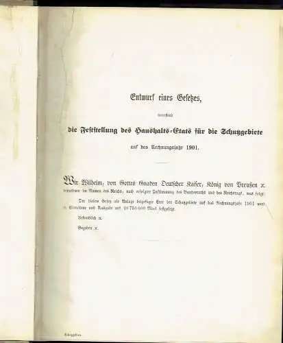 Haushalts-Etat für die Schutzgebiete auf das Rechnungsjahr 1901 nebst Anlagen. 